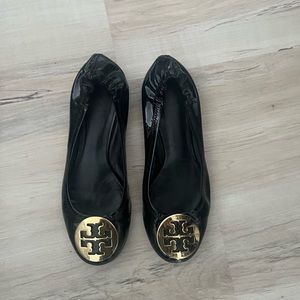 Tory Burch Black Patten Flats with Gold Emblem
